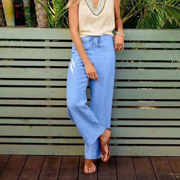 NWOT Talbots Washed Linen Wide Leg Beach Pant in Blue Size SMALL - Picture 1 of 4